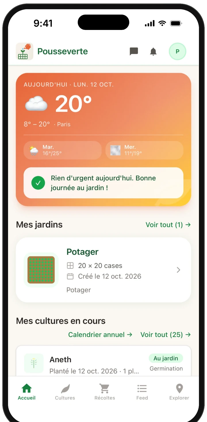 Écran d'accueil : météo du jour, liste des jardins et cultures en cours