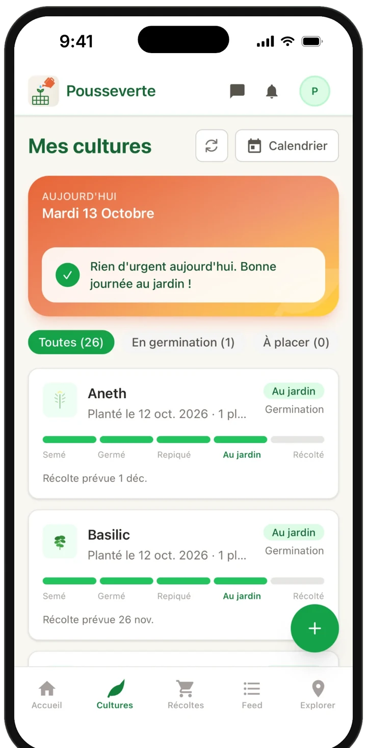 Liste des cultures avec leur avancement : semé, germé, repiqué, au jardin, récolté