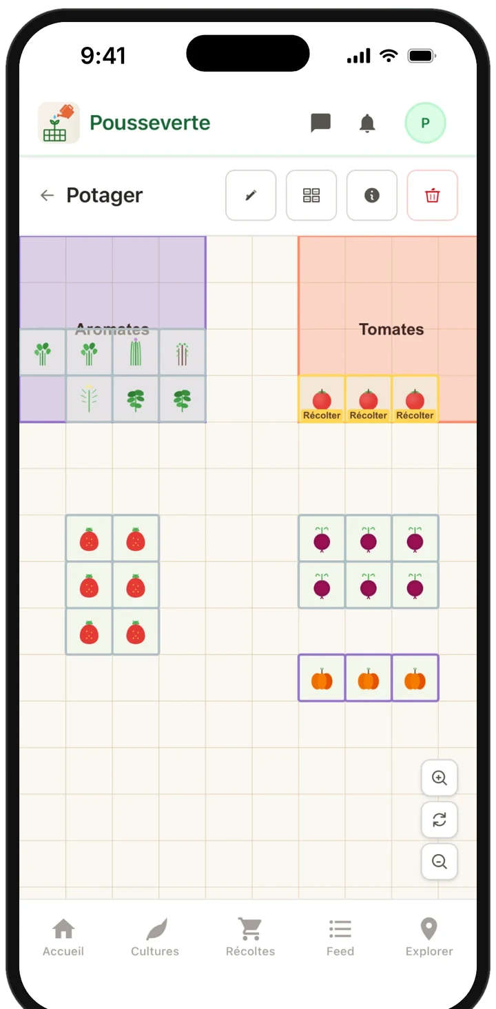 Pousseverte : plan 2D d'un potager avec ses zones (aromates, tomates) et ses cultures