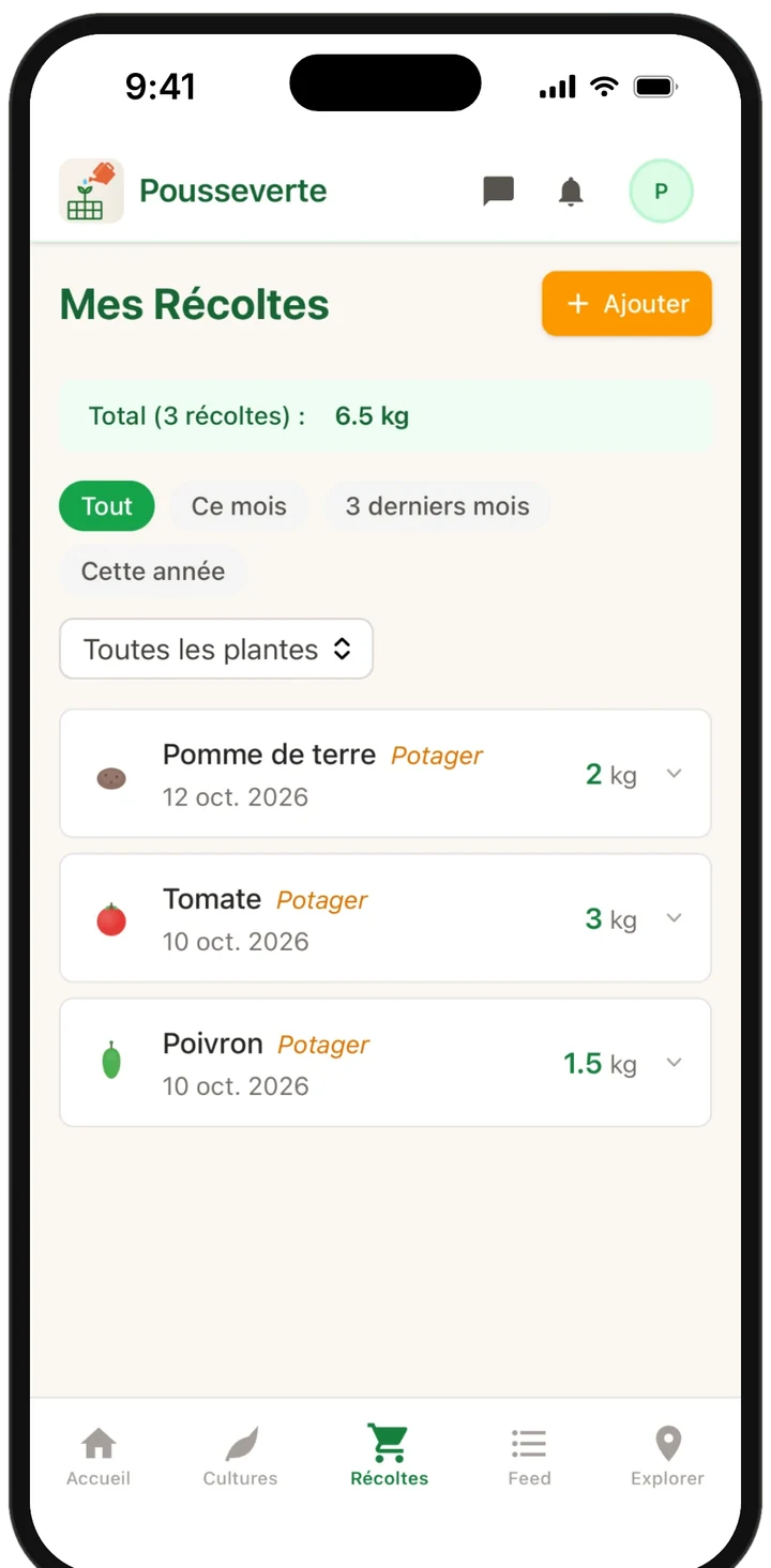 Journal de récoltes avec le total en kilos et la liste des récoltes